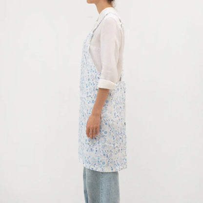 White Botanical Blue Linen Crossback Apron