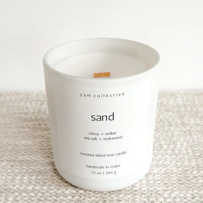 Sand - Amber + Teakwood Matte White Glass Candle