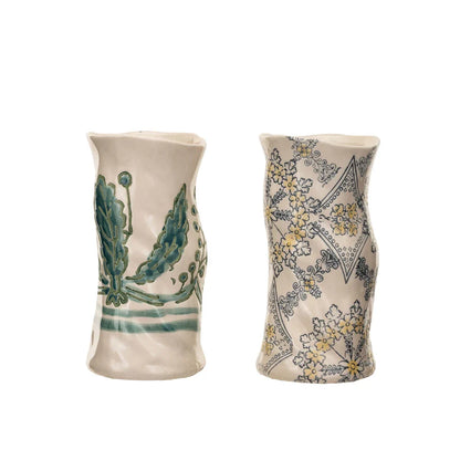 Hand-Painted Sculpted Stoneware Organic Shaped Vase