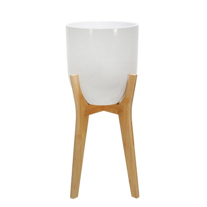 White Planter With Wooden Stand