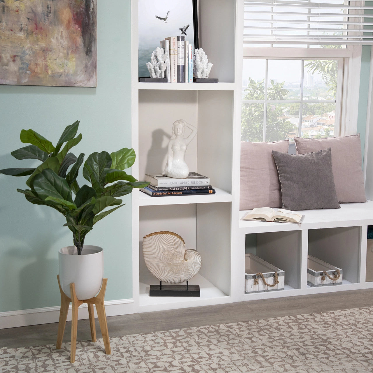 White Planter With Wooden Stand