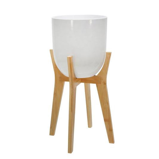 White Planter With Wooden Stand