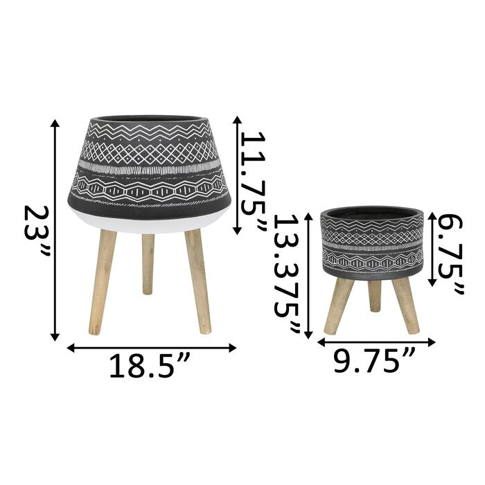 Tribal Fiberglass Planter Black On Wood Stand