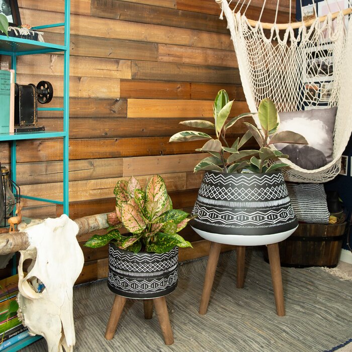 Tribal Fiberglass Planter Black On Wood Stand