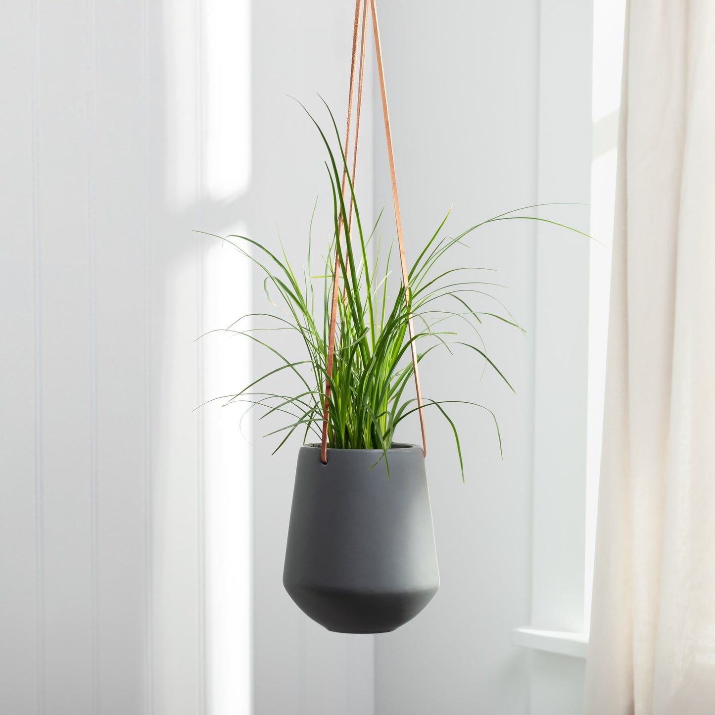 Ashbury Leather Hanging Large Ceramic Planter Grey