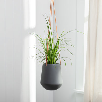 Ashbury Leather Hanging Large Ceramic Planter Grey