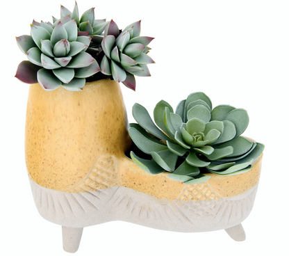 Footed Double Planter Beige & Mustard