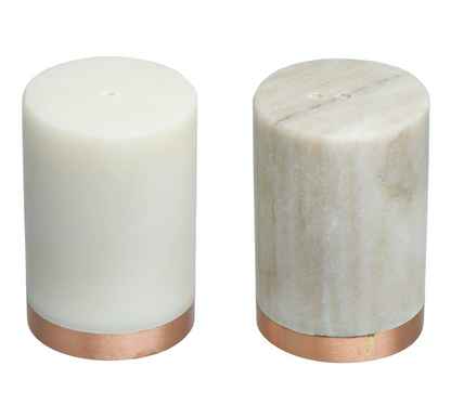 Marble Salt & Pepper Shakers w/ Copper Base White & Beige Set of 2
