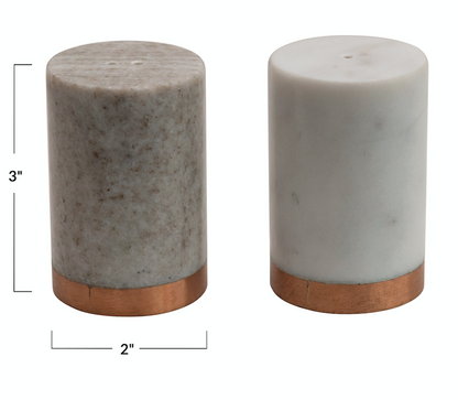 Marble Salt & Pepper Shakers w/ Copper Base White & Beige Set of 2