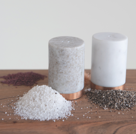 Marble Salt & Pepper Shakers w/ Copper Base White & Beige Set of 2