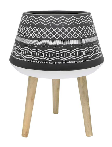 Tribal Fiberglass Planter Black On Wood Stand