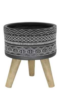 Tribal Fiberglass Planter Black On Wood Stand