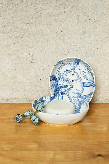 Soap Dish White Blue Flowers