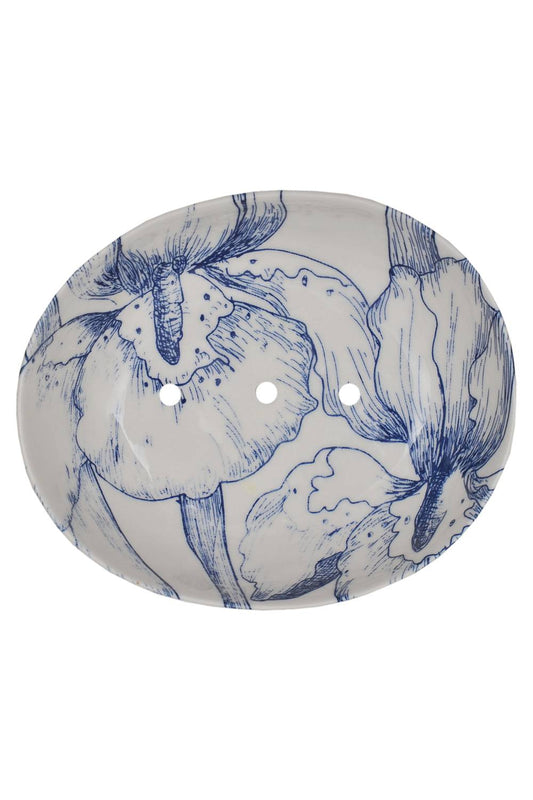 Soap Dish White Blue Flowers