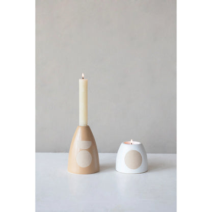 Stoneware Taper Holder w/ Circle Design, Tan Color