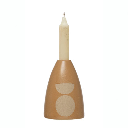Stoneware Taper Holder w/ Circle Design, Tan Color